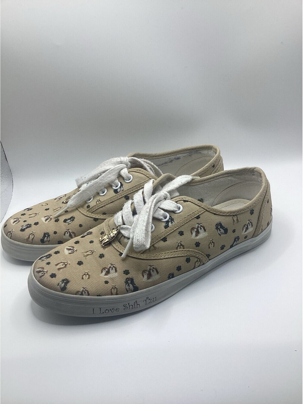 Bradford Exchange Shih Tzu Tan Canvas Sneakers Low Top Dog Print Shoes Women 6.5